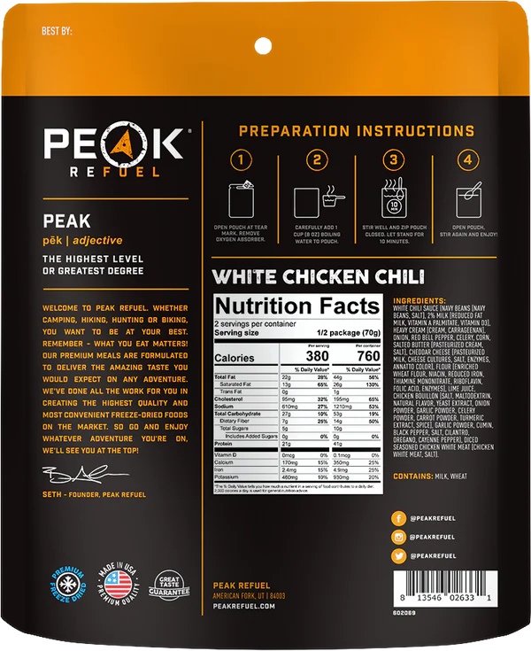 PEAK - Refuel Freeze-Dried Meals - White Chicken Chili